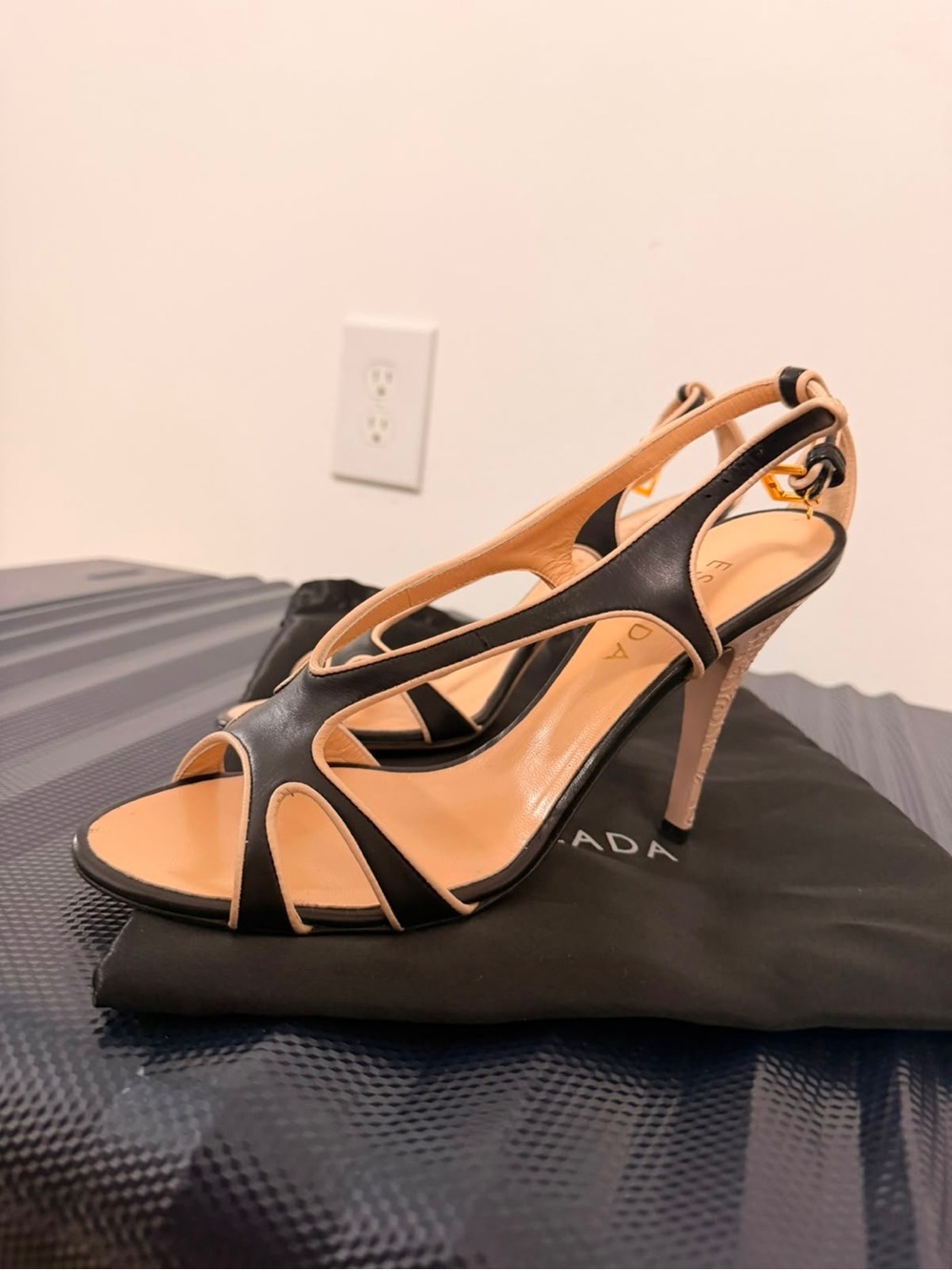 Escada Black and Nude Cutout Leather Slingback Heels